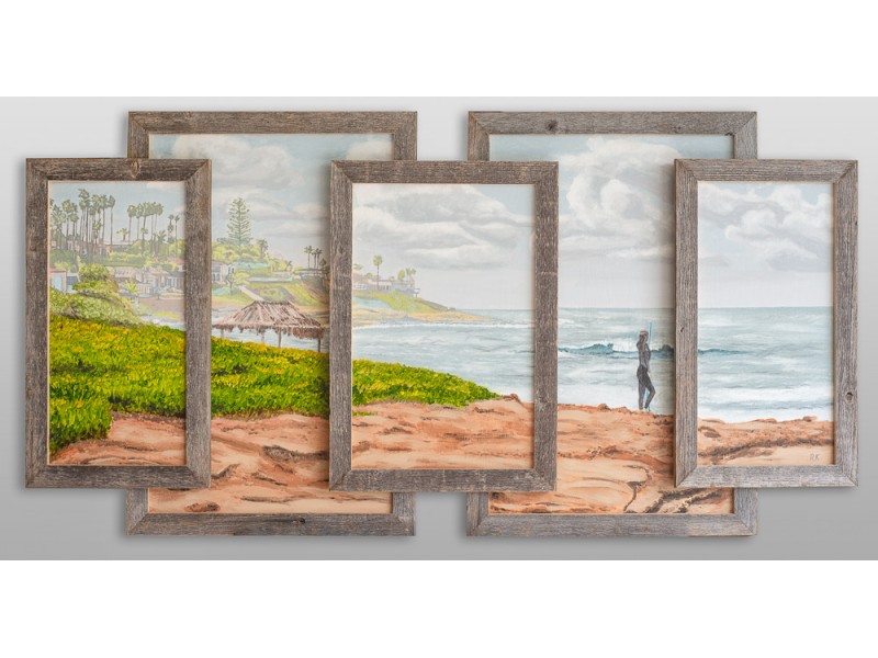 Windansea shack and surfer girl painting in 5 overlapping piece