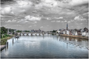 View of city of Maastricht from the High Bridge over the Meuse