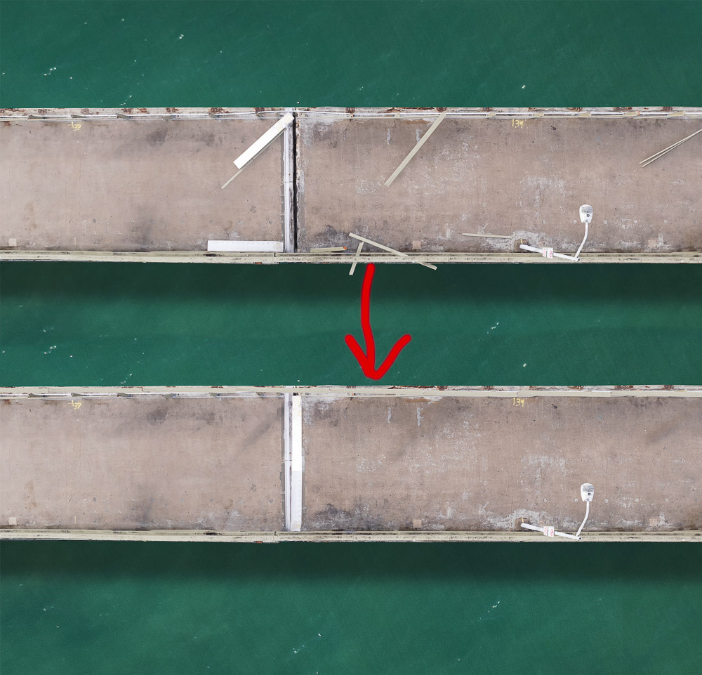 cleared debris on ocean beach pier viewed from above