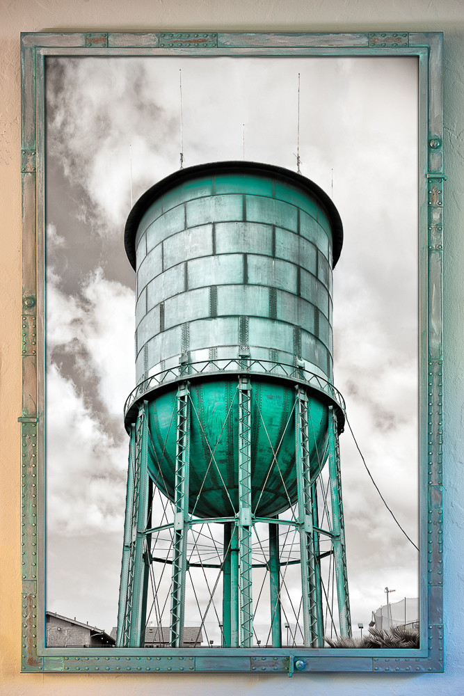 green water tower in normal heights san diego in metal frame