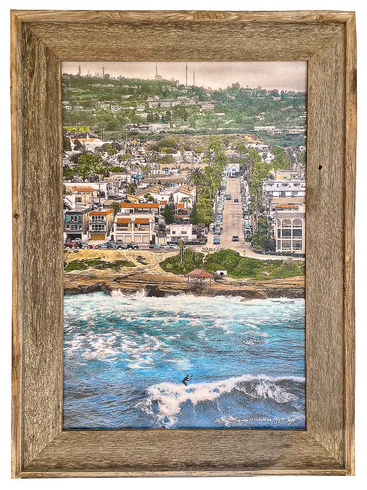 surfer on wave at windansea beach in barn wood frame