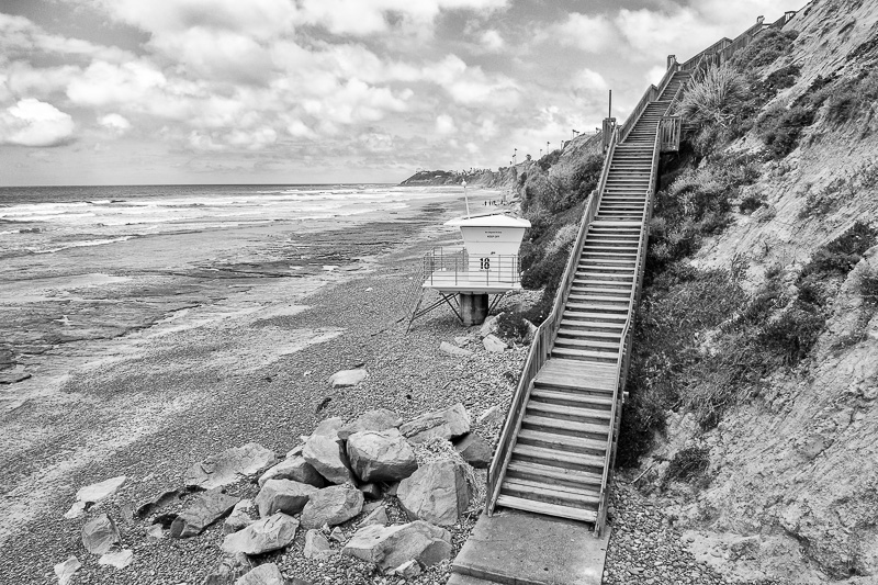 tower 18 and stairs in cardiff by the sea in black and white