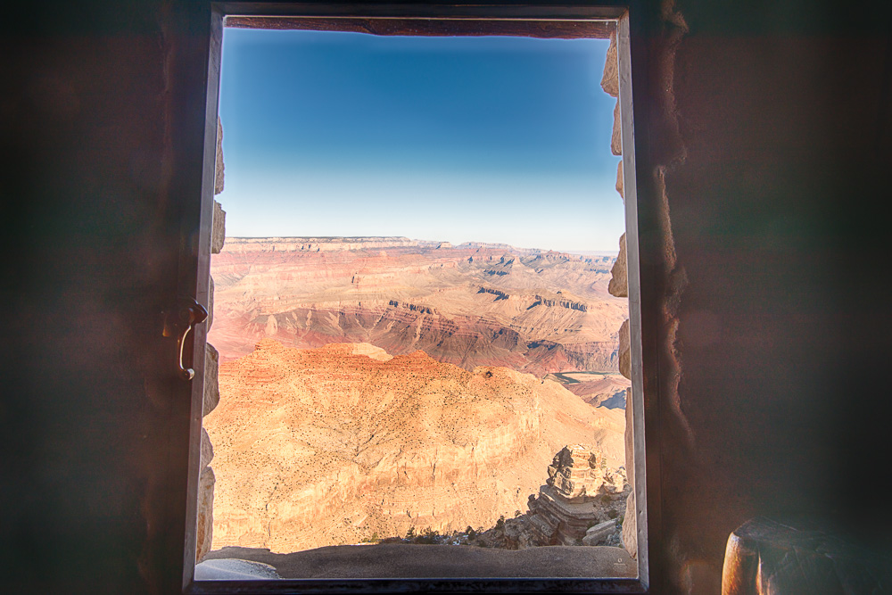 view from grand canyon desert watchtower through window